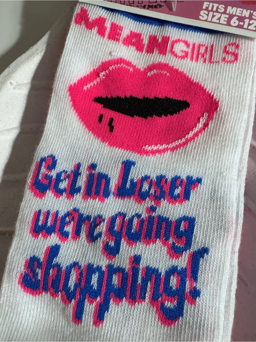NWT Mean Girls Women's White & Hot Pink Crew Socks - 'Get in Loser'